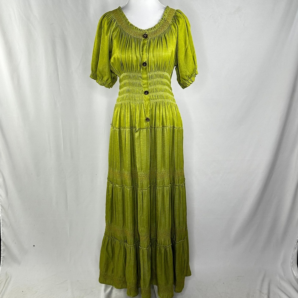 Indigo & Lace Womens XL Maxi Dress Green Smocked Tiered Fairy Boho Cottagecore